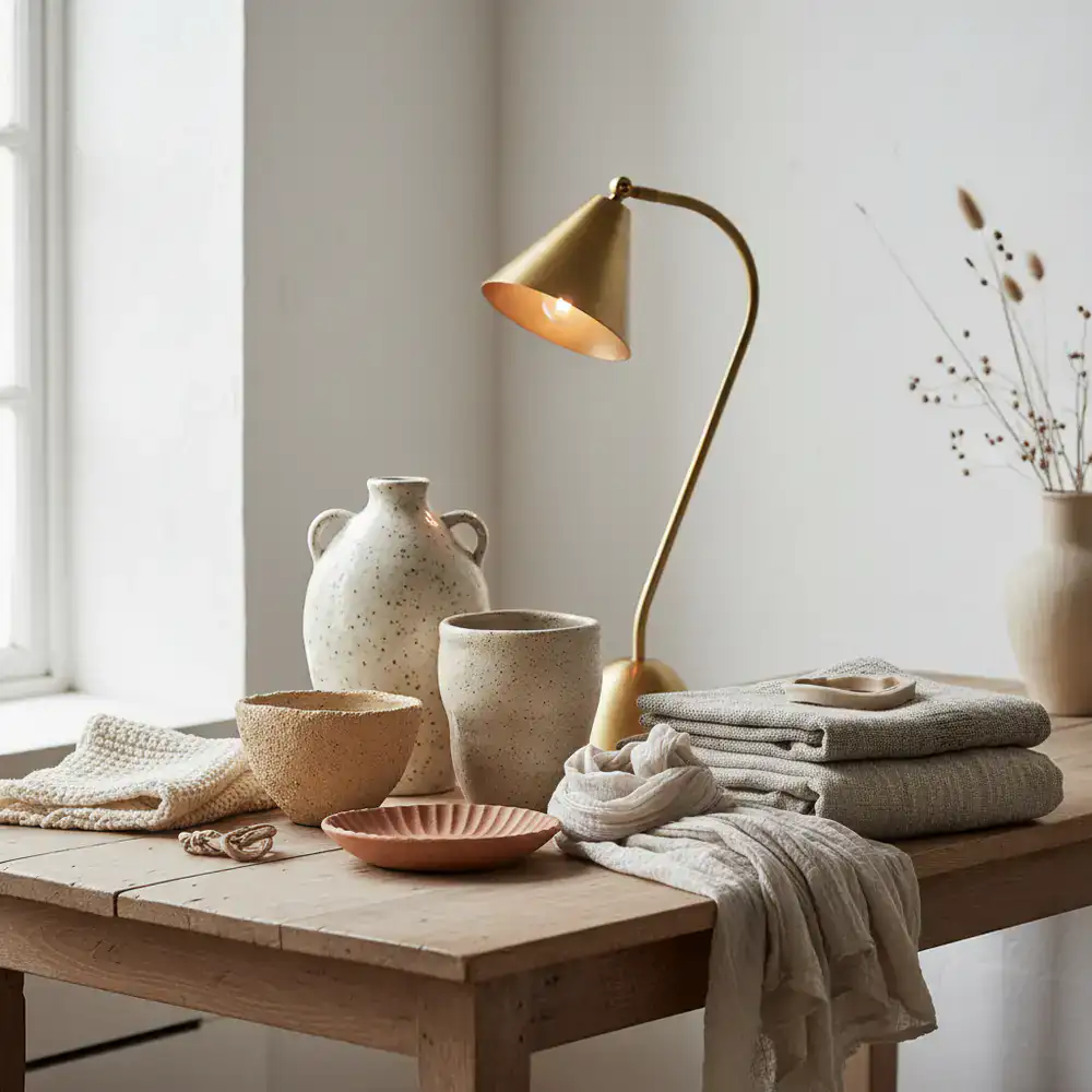 A collection of textured ceramics, folded textiles, and a brass lamp arranged on a table