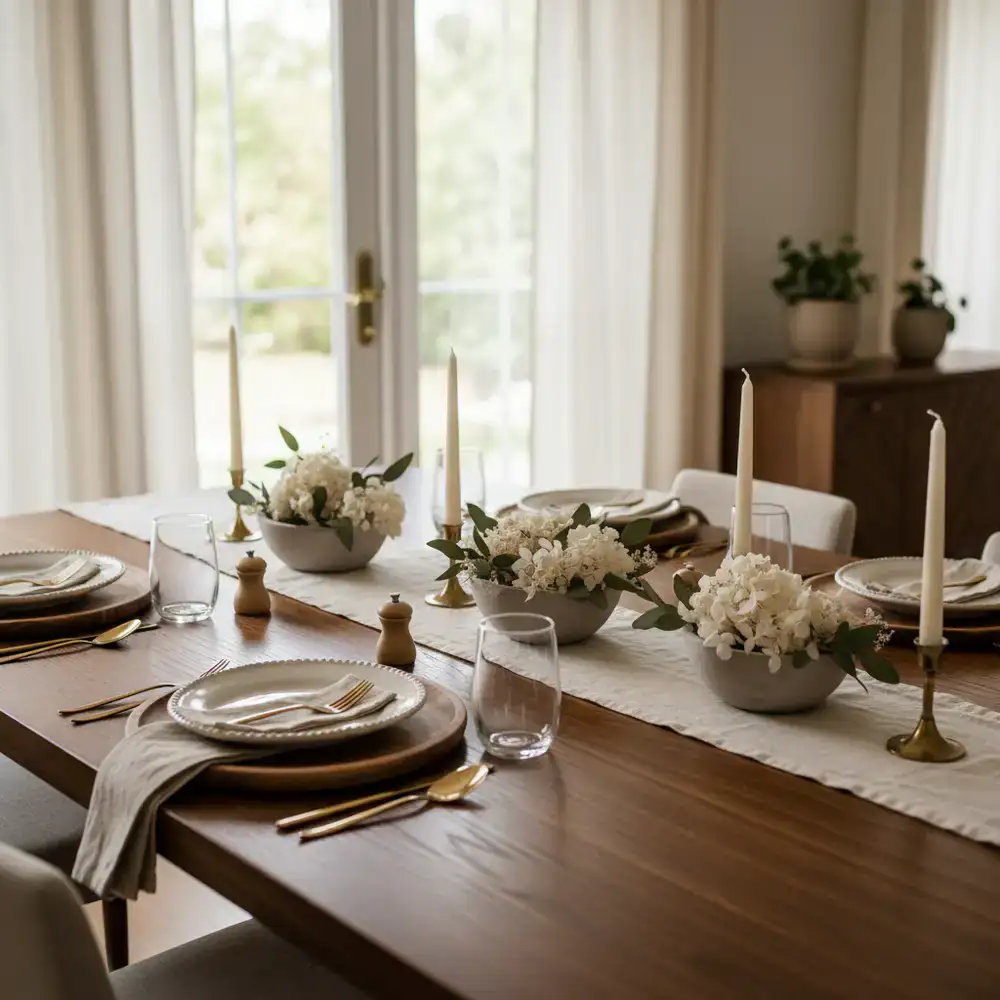 Elegant wooden dining table setting