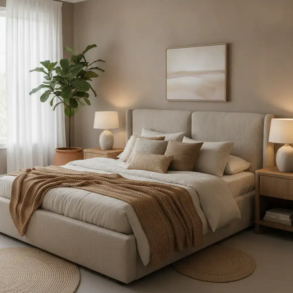 A serene bedroom setting with an upholstered bed frame