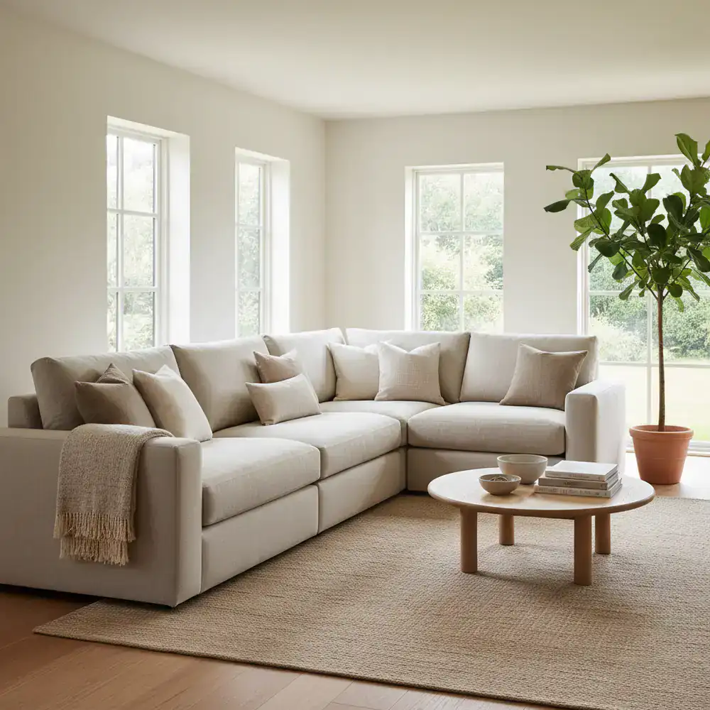 A comfortable beige modular sofa in a bright room