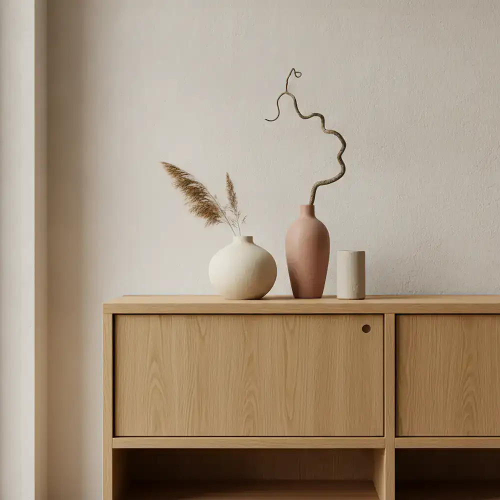 Minimalist wooden sideboard with ceramic vases
