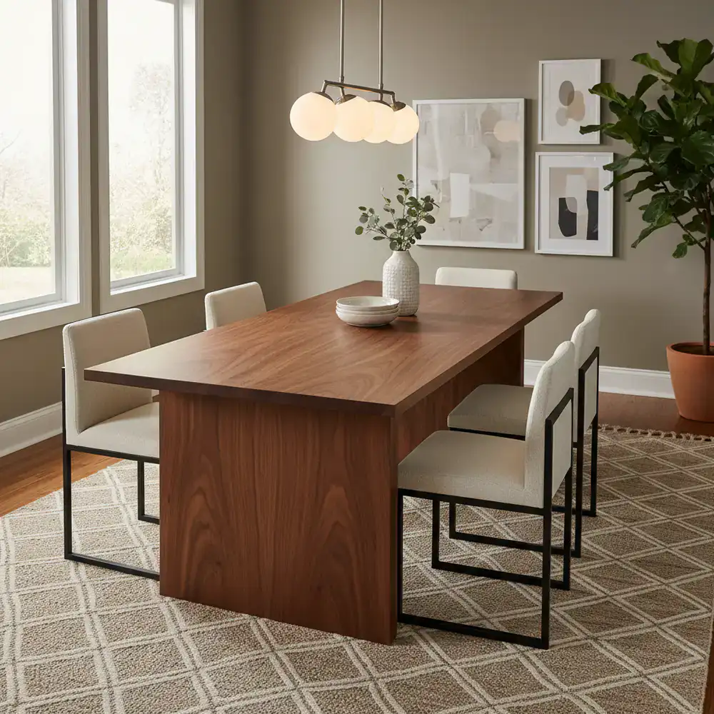 Solid walnut dining table with modern chairs