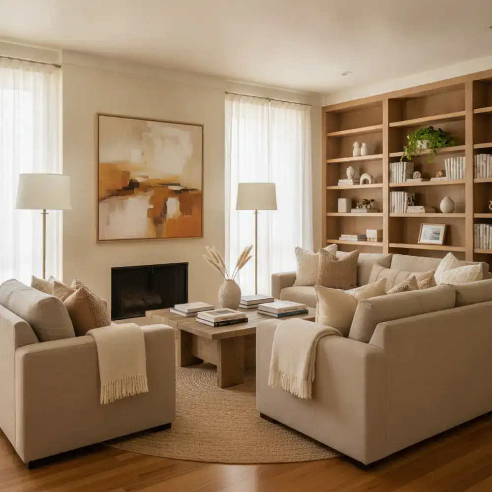 A warmly lit, elegantly furnished living room