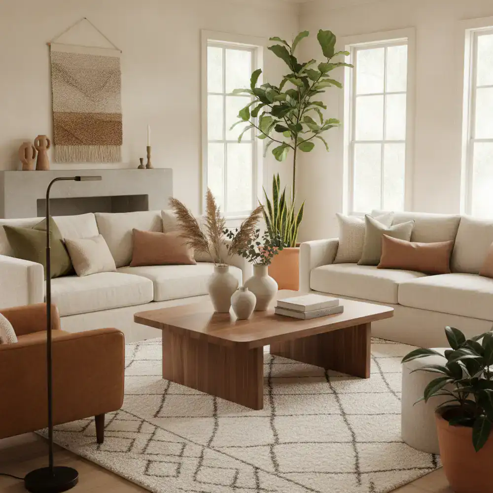 A beautifully styled living room featuring earthy tones and a walnut coffee table
