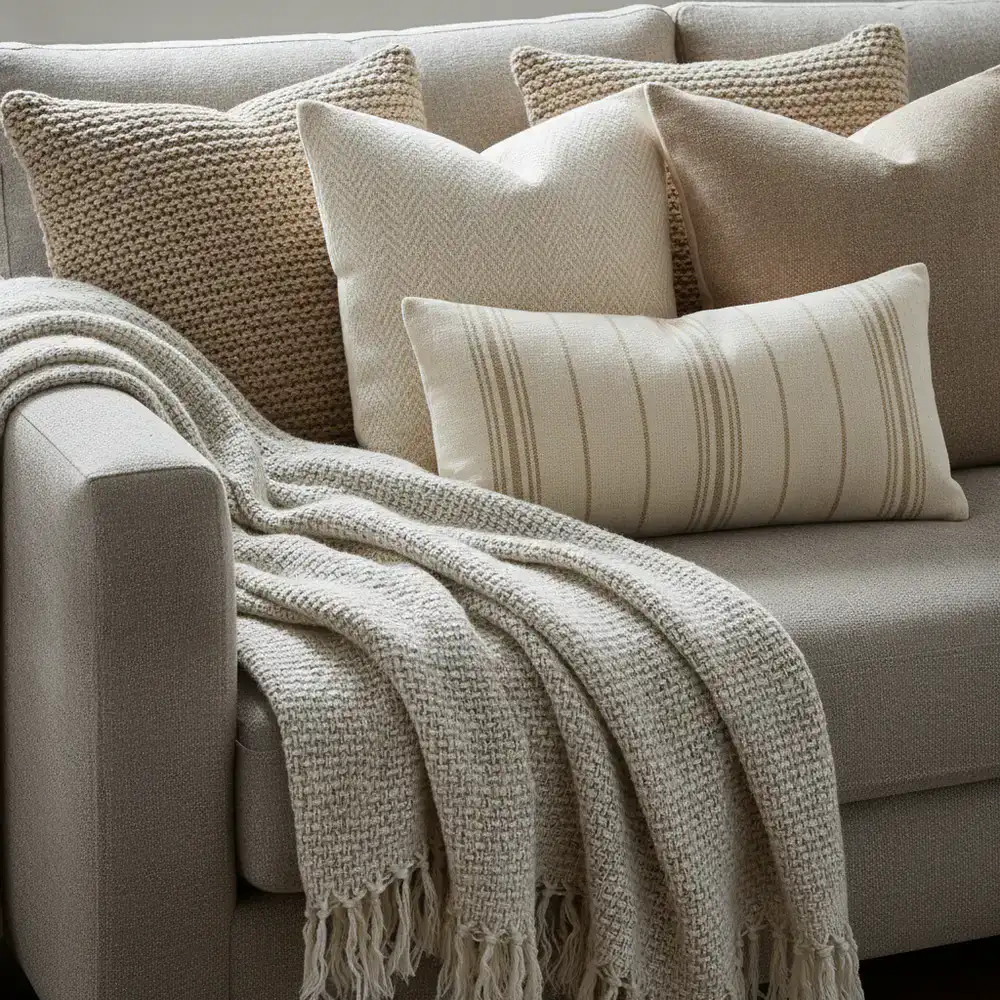 Close up of a sofa with mixed fabric cushions and a woven throw