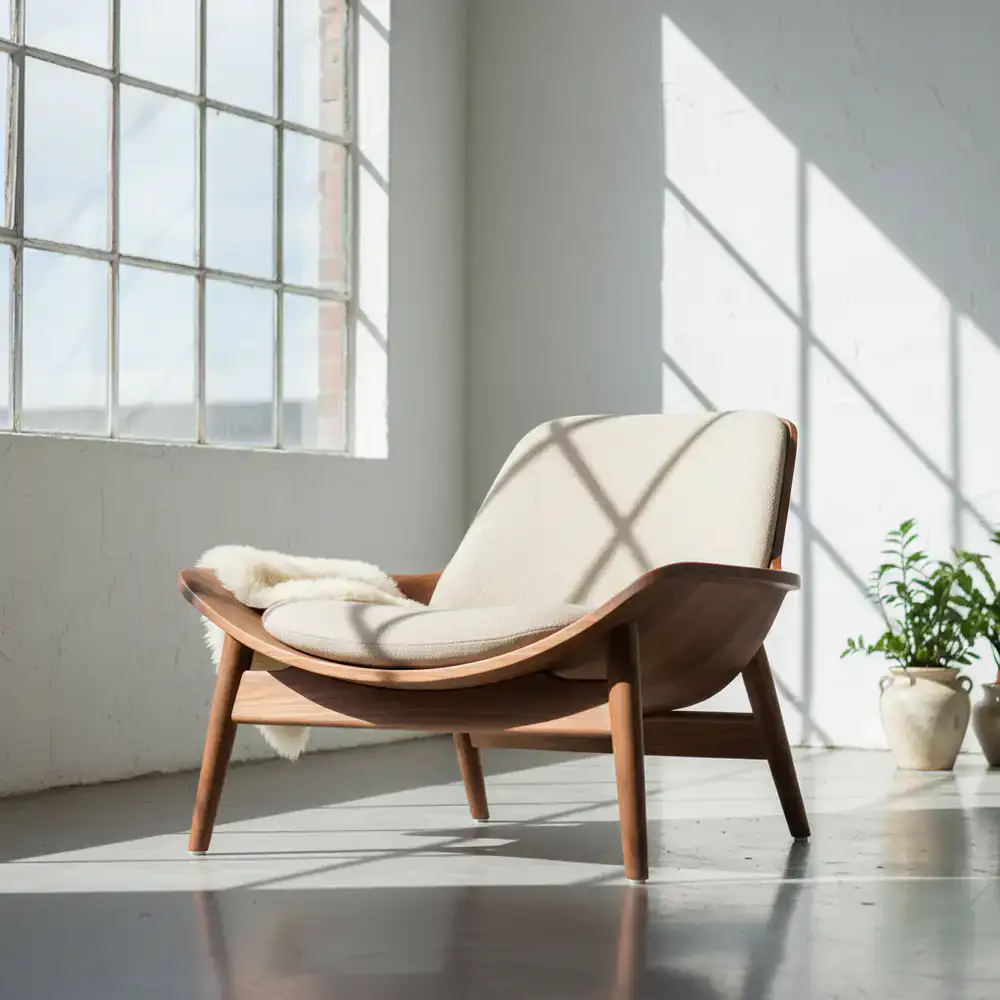 A sleek walnut lounge chair