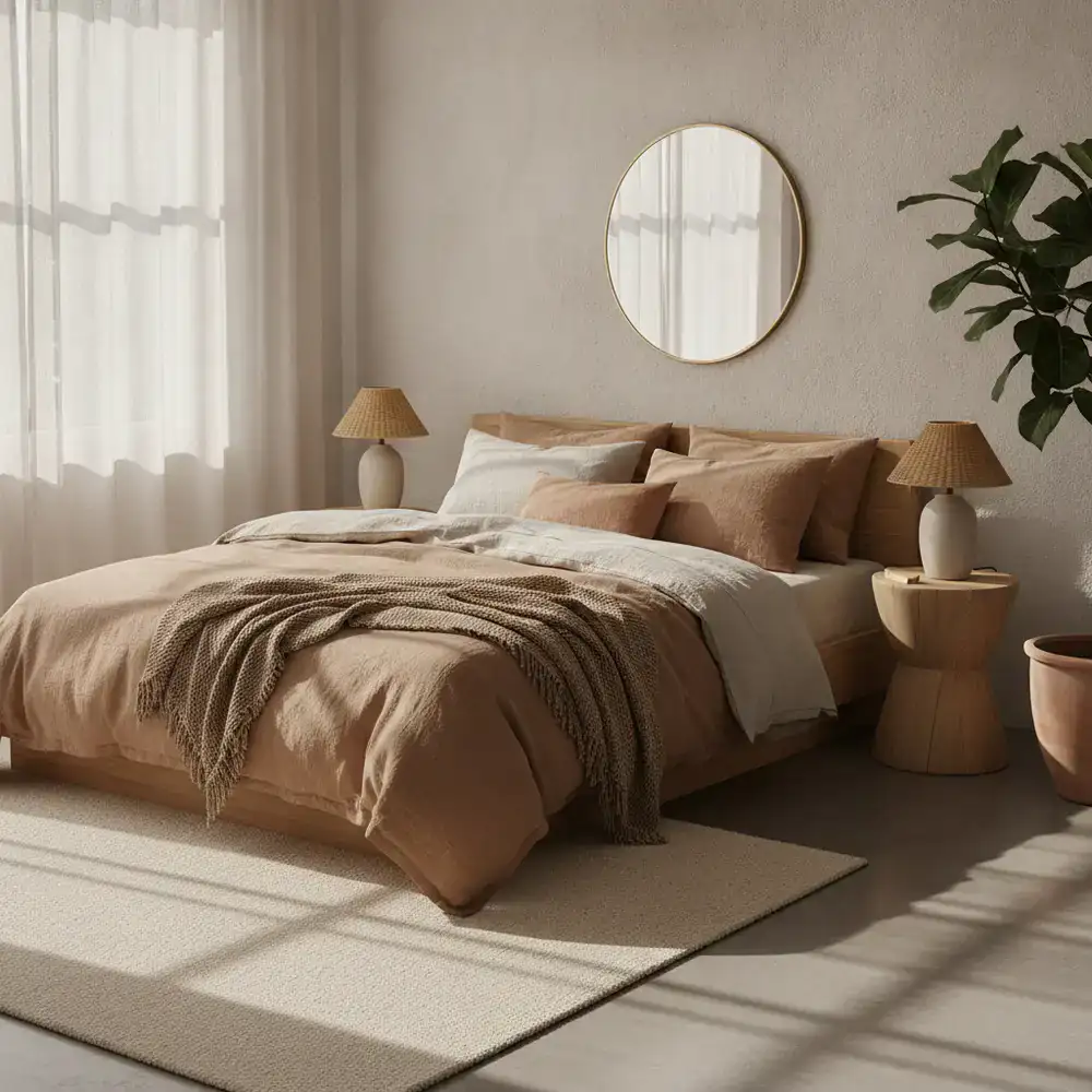 A serene bedroom showing earthy linen bedding.