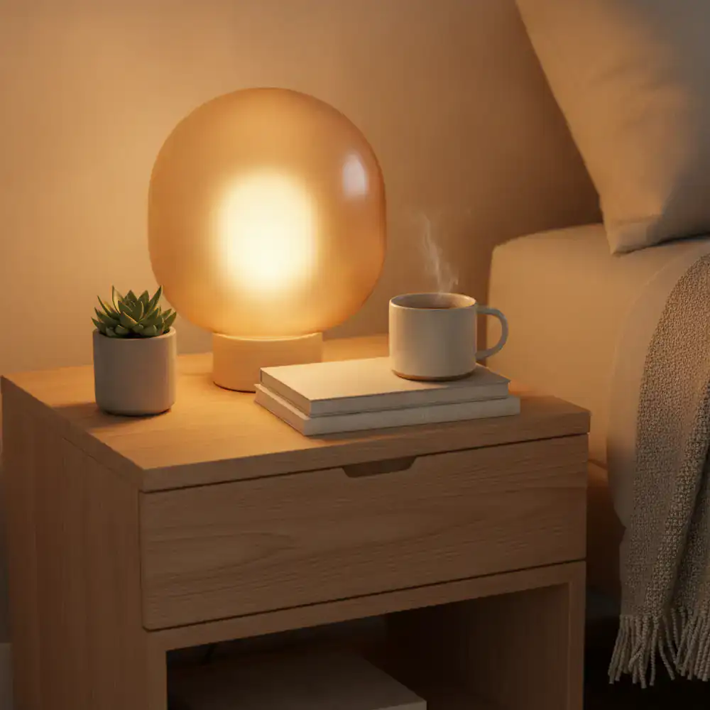 A bedside table with a warm ambient lamp.