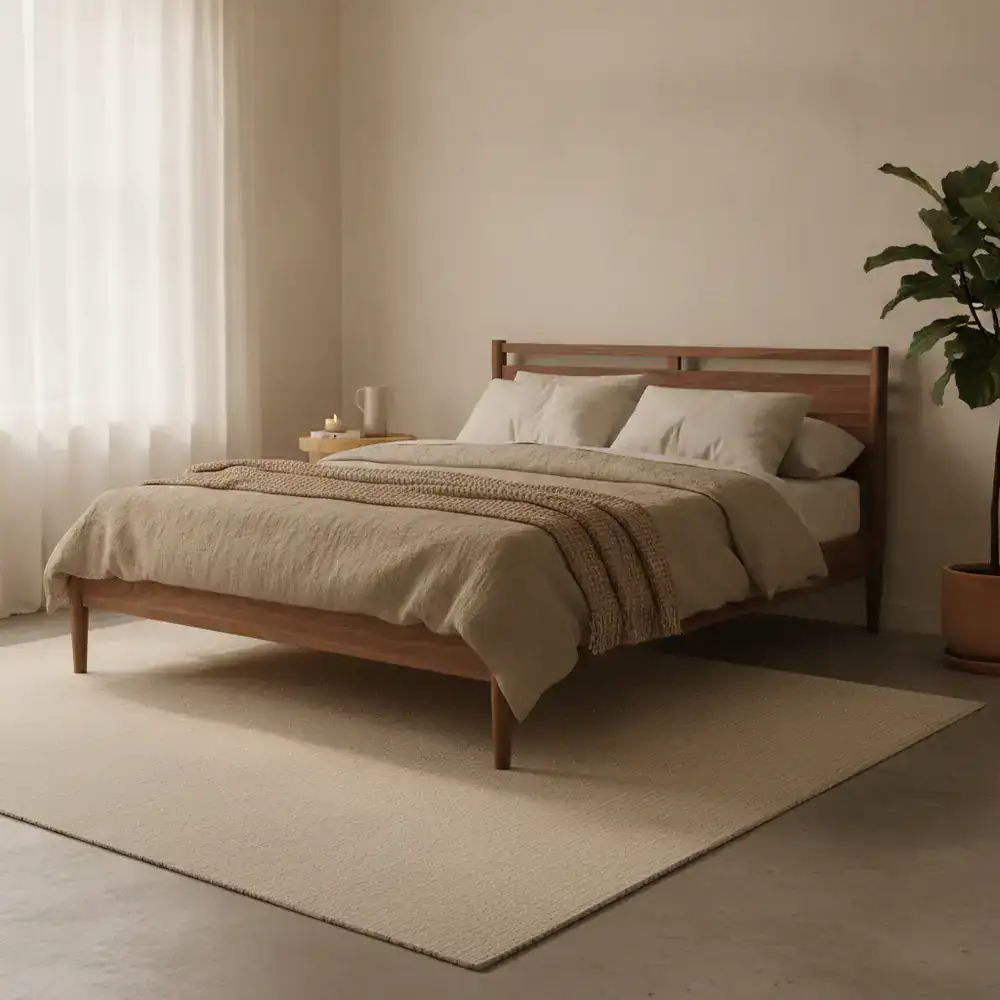 A walnut wood bed frame in a softly lit room.
