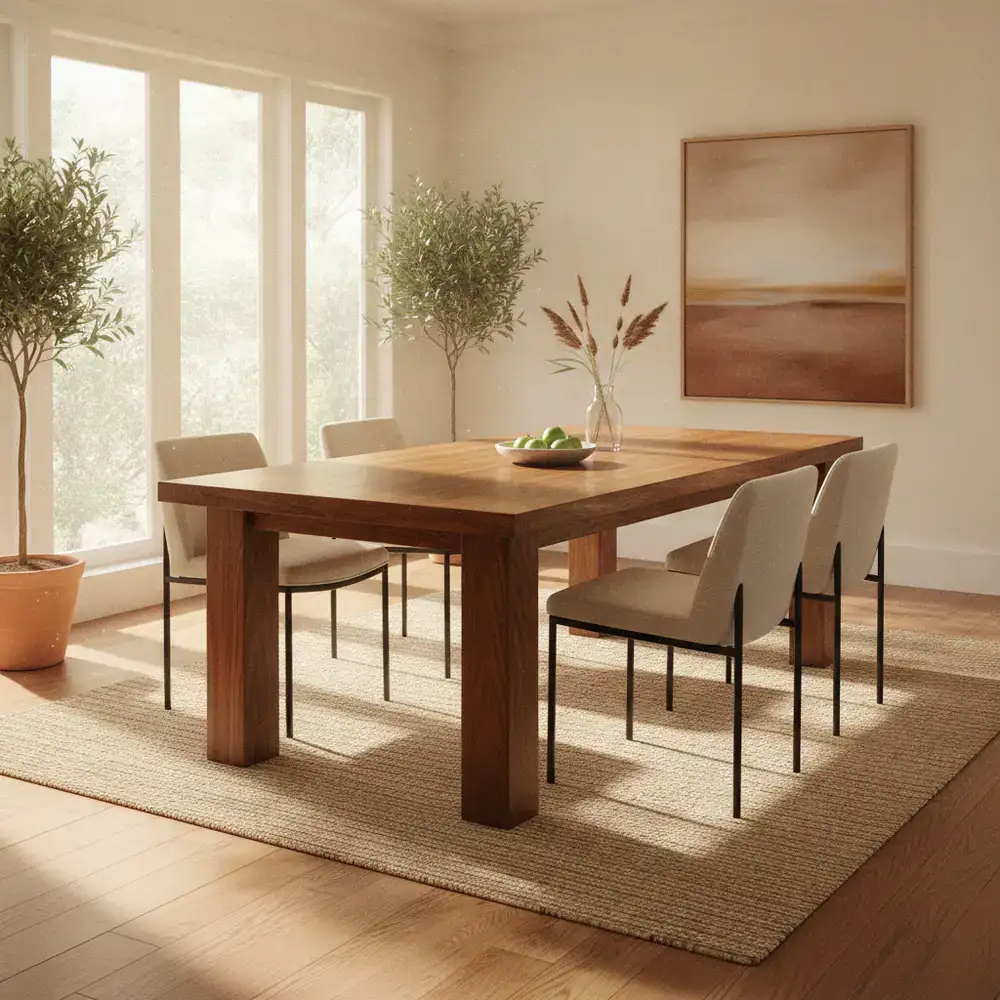 A sturdy walnut dining table with modern chairs in a sunlit room.