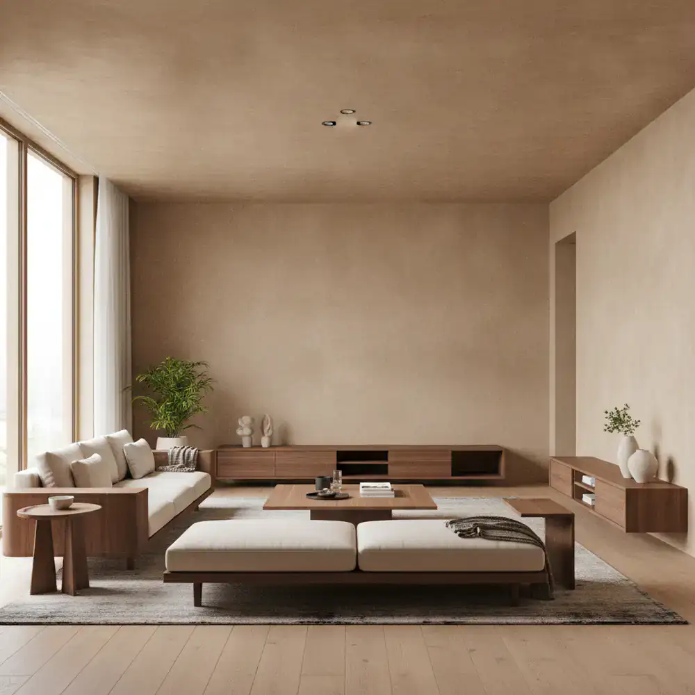 A wide styled home interior featuring earthy beige walls and modern walnut furniture.