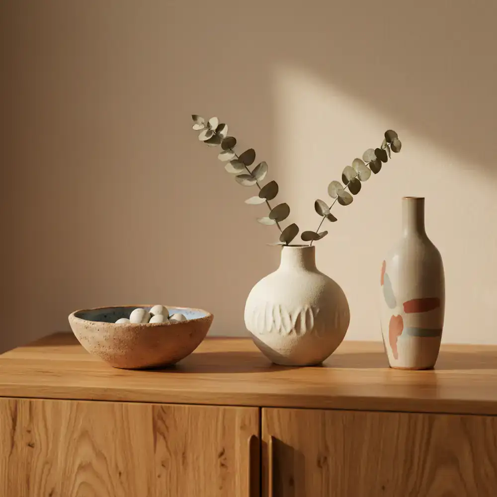 Close up of a wooden sideboard with tasteful ceramic decor.