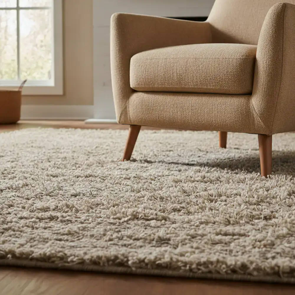Detail of a soft textured rug under a living room armchair.