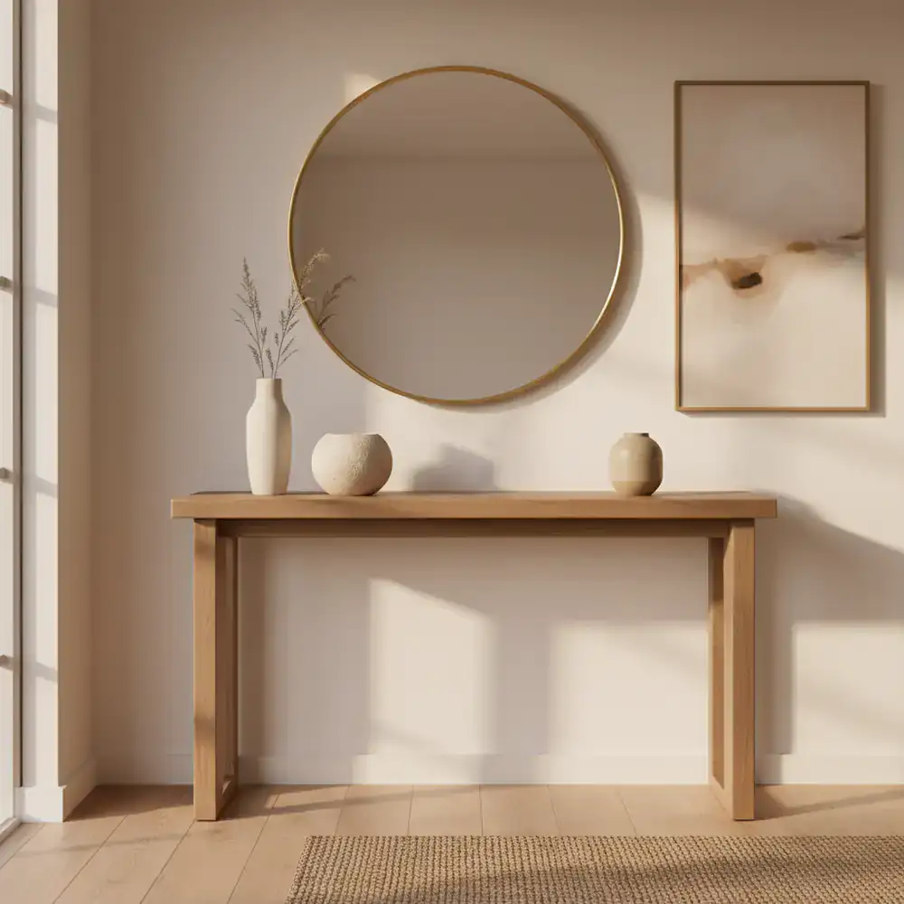 An entryway console styled with simple vases.