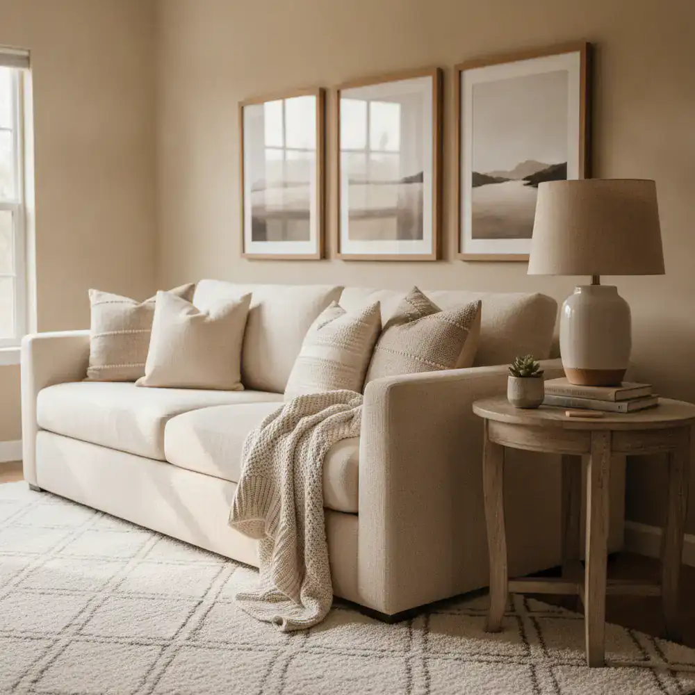 A warmly lit living room corner featuring a neutral fabric sofa and wooden side table